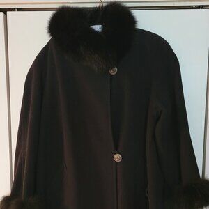 Nina Ricci Black Wool Coat with Fox Fur collar and cuffs